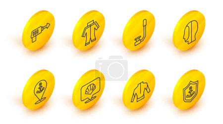 Illustration for Set line Anchor inside shield, Wetsuit, Scallop sea shell, Location with anchor, Diving hood, Snorkel,  and Fishing harpoon icon. Vector - Royalty Free Image