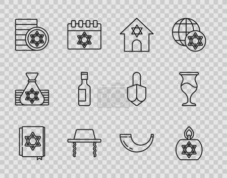 Set line Jewish torah book, Burning candle, synagogue, Orthodox jewish hat, coin, wine bottle, Traditional ram horn, shofar and goblet icon. Vector