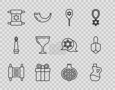 Illustration for Set line Torah scroll, Bottle of olive oil, Balloon with star david, Gift box, Jewish goblet, Pomegranate and Hanukkah dreidel icon. Vector - Royalty Free Image