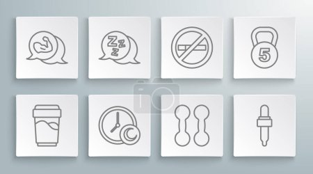 Illustration for Set line Glass with water, Sleepy, Time to sleep, Dumbbell, Pipette oil, No Smoking, Weight and Bodybuilder muscle icon. Vector - Royalty Free Image