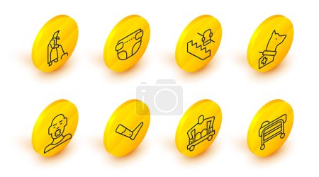 Illustration for Set line Stretcher, Man without legs sitting wheelchair, Prosthesis, Head of deaf and dumb, Guide dog, Disabled elevator, Adult diaper and Grandmother icon. Vector - Royalty Free Image