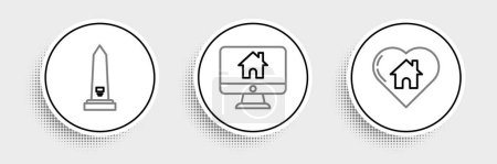 Illustration for Set line House with heart shape, Washington monument and Computer monitor smart home icon. Vector - Royalty Free Image