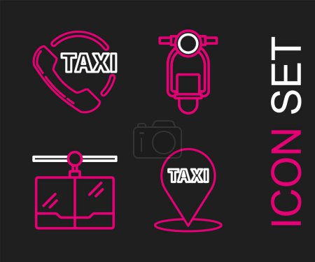 Illustration for Set line Map pointer with taxi, Cable car, Scooter and Taxi call telephone service icon. Vector - Royalty Free Image