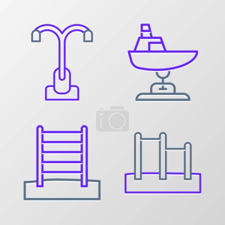 Illustration for Set line Horizontal bar, Swedish wall, Swing boat and Street light icon. Vector - Royalty Free Image