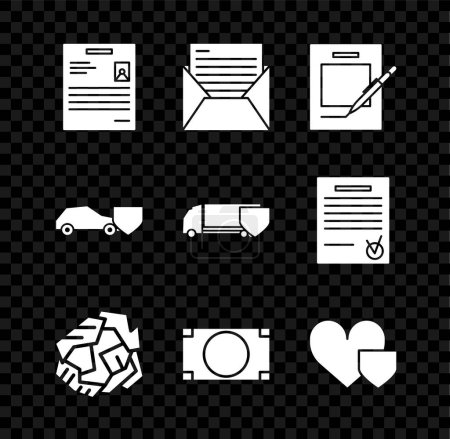 Illustration for Set Personal document, Mail and e-mail, Blank notebook pen, Crumpled paper ball, Stacks money cash, Heart with shield, Car and Delivery cargo truck icon. Vector - Royalty Free Image