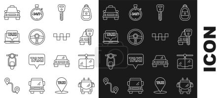 Illustration for Set line Trolleybus, Cable car, Car rental, key, Steering wheel, Laptop call taxi service, Taxi and roof icon. Vector - Royalty Free Image