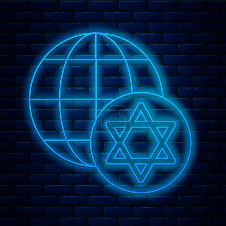 Illustration for Glowing neon line World Globe and Israel icon isolated on brick wall background.  Vector. - Royalty Free Image