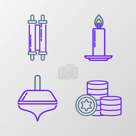 Illustration for Set line Jewish coin, Hanukkah dreidel, Burning candle candlestick and Torah scroll icon. Vector - Royalty Free Image