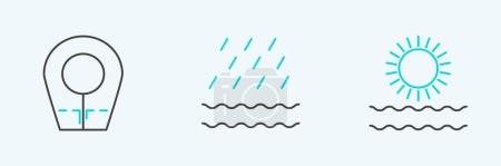 Illustration for Set line Sun and waves, Diving hood and Rain icon. Vector - Royalty Free Image