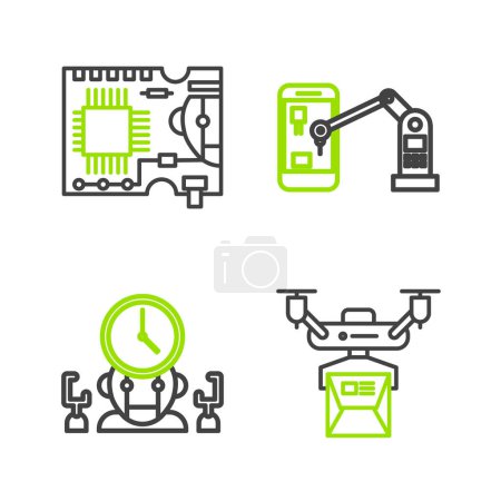 Illustration for Set line Drone delivery concept, Robot and digital time manager, Industrial machine robotic robot arm hand and Printed circuit board PCB icon. Vector - Royalty Free Image
