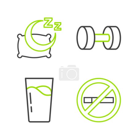 Illustration for Set line No Smoking, Glass with water, Dumbbell and Time to sleep icon. Vector - Royalty Free Image