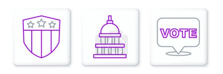 Illustration for Set line Vote, Shield with stars and White House icon. Vector - Royalty Free Image