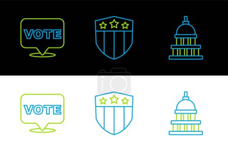 Illustration for Set line White House, Vote and Shield with stars icon. Vector - Royalty Free Image