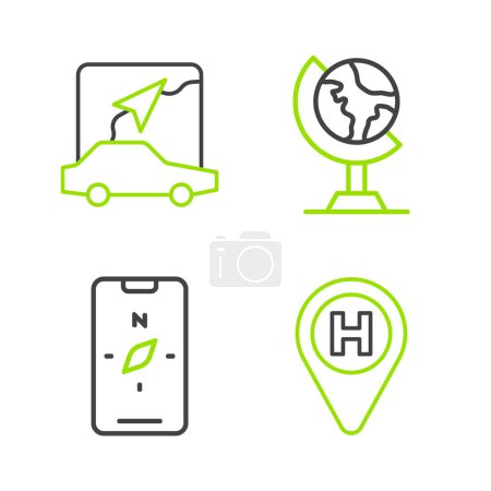 Illustration for Set line Helicopter landing pad, Compass on mobile, Earth globe and City map navigation icon. Vector - Royalty Free Image