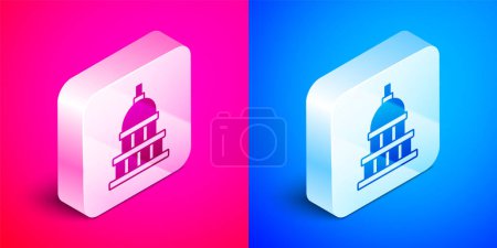 Illustration for Isometric White House icon isolated on pink and blue background. Washington DC. Silver square button. Vector - Royalty Free Image