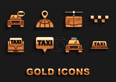 Illustration for Set Map pointer with taxi, Taxi car roof, Laptop call service, Cable,  and Location on the globe icon. Vector - Royalty Free Image