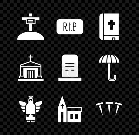 Illustration for Set Grave with cross, Speech bubble rip death, Holy bible book, Christmas angel, Church building, Metallic nails, Old crypt and tombstone icon. Vector - Royalty Free Image