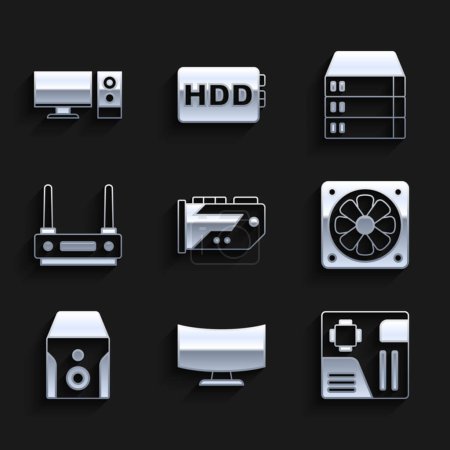 Illustration for Set Video graphic card, Computer monitor screen, Motherboard digital chip, cooler, Uninterruptible power supply, Router and wi-fi signal, Server, Data, Web Hosting and  icon. Vector - Royalty Free Image