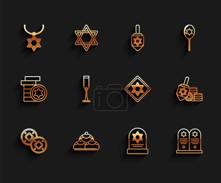 Set line Jewish coin, sweet bakery, Star of David necklace on chain, Tombstone with star david, goblet, Hanukkah dreidel and and  icon. Vector