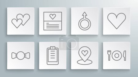 Illustration for Set line Bow tie, Greeting card, Clipboard with checklist, Location heart, Plate, fork and knife, Male gender symbol, Heart and  icon. Vector - Royalty Free Image