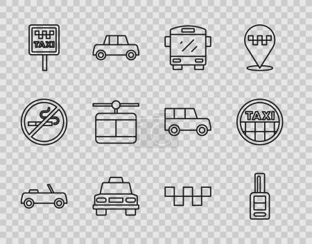 Illustration for Set line Car, key with remote, Bus, Taxi car, Road sign for taxi stand, Cable, roof and  icon. Vector - Royalty Free Image