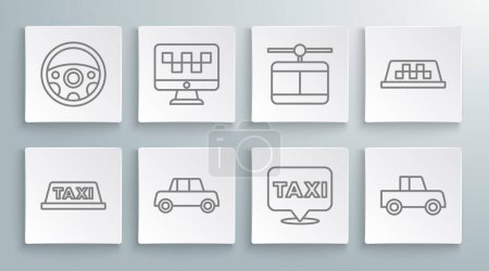 Illustration for Set line Taxi car roof, Computer call taxi service, Car, Location with, Cable,  and Steering wheel icon. Vector - Royalty Free Image