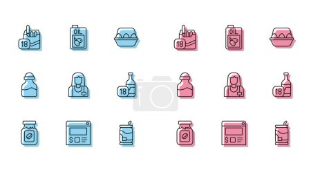 Illustration for Set line Coffee jar bottle, Online ordering and delivery, Cigarettes pack box, Soda can, Seller, Wine, Spice and Bottle olive oil icon. Vector - Royalty Free Image