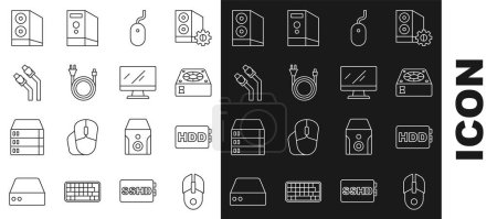 Illustration for Set line Computer mouse, Hard disk drive HDD, cooler, Electric plug, LAN cable network internet, Case of computer and monitor screen icon. Vector - Royalty Free Image