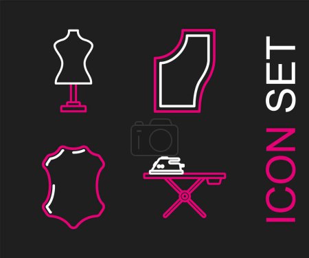 Illustration for Set line Electric iron and ironing board, Leather, Sewing Pattern and Mannequin icon. Vector - Royalty Free Image