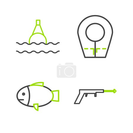 Illustration for Set line Fishing harpoon, Diving hood and Floating buoy the sea icon. Vector - Royalty Free Image