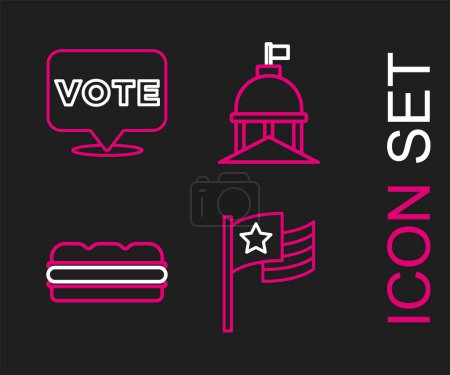Illustration for Set line American flag, Sandwich, White House and Vote icon. Vector - Royalty Free Image