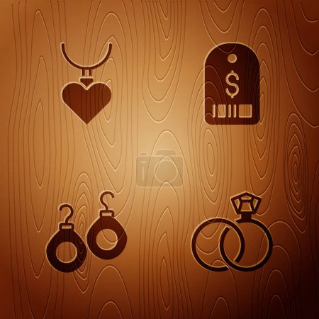 Illustration for Set Wedding rings, Necklace with heart shaped pendant, Earrings and Price tag dollar on wooden background. Vector - Royalty Free Image