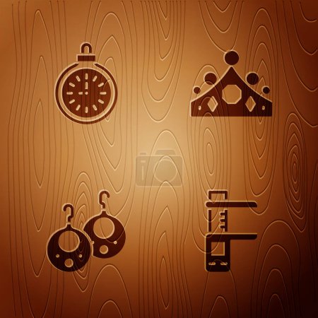 Illustration for Set Calliper or caliper and scale, Pocket watch, Earrings and King crown on wooden background. Vector - Royalty Free Image