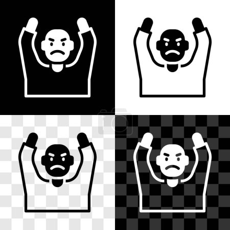 Illustration for Set Thief surrendering hands up icon isolated on black and white, transparent background. Man surrendering with both hands raised in air.  Vector. - Royalty Free Image