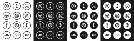 Illustration for Set Speedometer Car wheel Steering No Parking or stopping Wrench Gear shifter Signal horn on vehicle and  icon. Vector. - Royalty Free Image