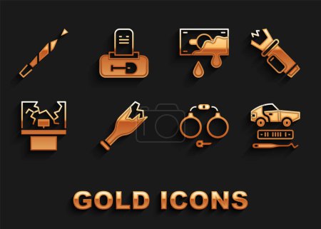 Set Broken bottle as weapon, Police electric shocker, Car theft, Handcuffs, window, Bloody money, Marijuana joint and Grave with tombstone icon. Vector
