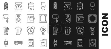 Set-Line-Waschmaschine, Web-Kamera, Badezimmerwaage, Doppelboiler, Stereolautsprecher, elektrischer Mixer und Kaffeemaschine mit Glaskannen-Symbol. Vektor