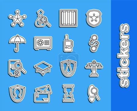 Set line Magnifying glass with footsteps, Scales of justice, Handcuffs, Prison window, Safe, Umbrella, Hexagram sheriff and Walkie talkie icon. Vector