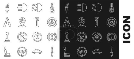 Illustration for Set line Screwdriver Brake system warning Car wheel High beam Location with parking battery jumper power cable muffler and  icon. Vector. - Royalty Free Image