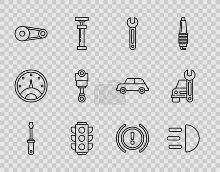 Set line Schraubendreher, Fernlicht, Schraubenschlüssel, Ampel, Zahnriemen-Kit, Motorkolben, Bremssystem Warnung und Auto-Service-Symbol. Vektor