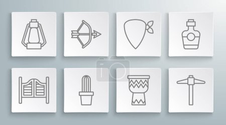 Set line Saloon door, Bow and arrow in quiver, Cactus peyote pot, Drum, Pickaxe, Cowboy bandana, Tequila bottle and Camping lantern icon. Vector