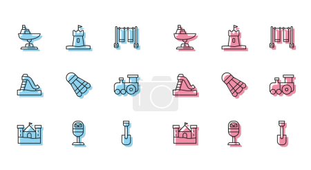 Illustration for Set line Sand castle, Trash can, Swing boat, Shovel toy, Badminton shuttlecock, Toy train, Kid slide and tower icon. Vector - Royalty Free Image