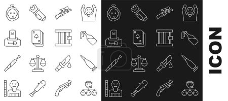 Set line Mafia, Bullet, Cocktail molotov, Sniper rifle with scope, Playing cards, Grave tombstone, Murder and Prison window icon. Vector