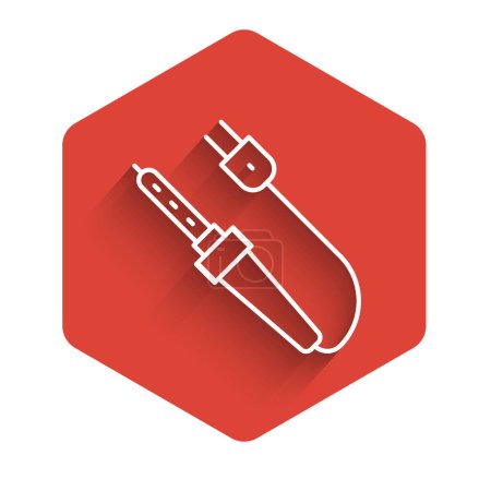 White line Soldering iron icon isolated with long shadow. Red hexagon button. Vector.