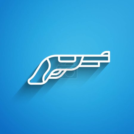 Téléchargez les illustrations : Ligne blanche Pistolet vintage icône isolé sur fond bleu. Une arme ancienne. Longue ombre. Vecteur - en licence libre de droit