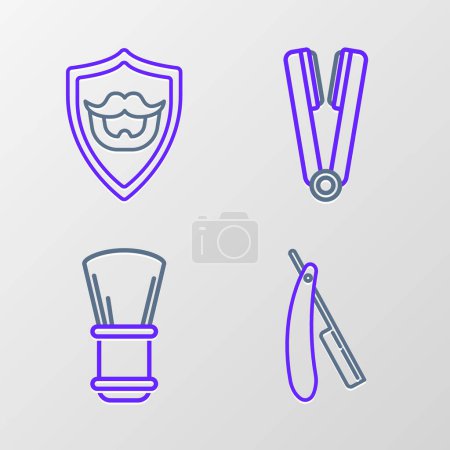 Illustration for Set line Straight razor, Shaving brush, Curling iron for hair and Mustache and beard shield icon. Vector - Royalty Free Image