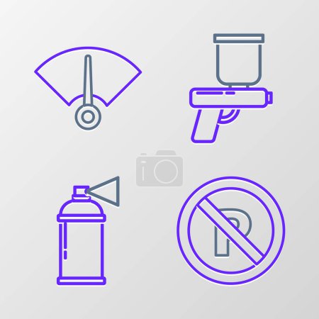 Illustration for Set line No Parking or stopping Paint spray can gun and Speedometer icon. Vector. - Royalty Free Image