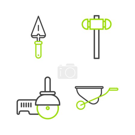 Set line Wheelbarrow, Angle grinder, Sledgehammer and Trowel icon. Vector