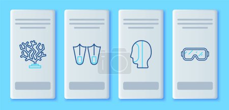 Illustration for Set line Rubber flippers, Diving hood, Coral and mask icon. Vector - Royalty Free Image