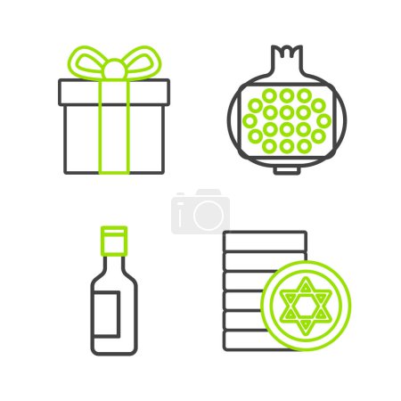 Set line Jewish coin, wine bottle, Pomegranate and Gift box icon. Vector